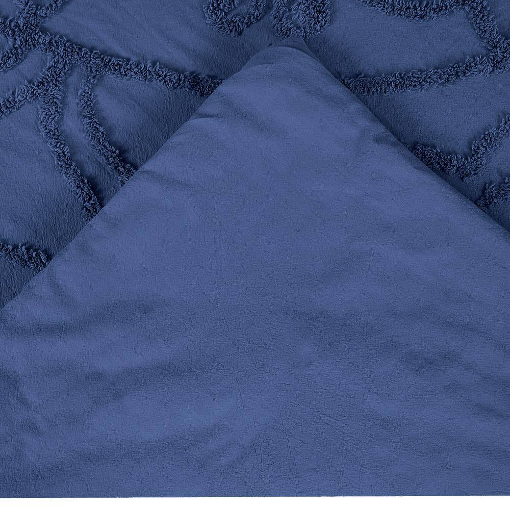 Cleo Comforter 3-Piece Floral Design Navy Full/Queen 100% Cotton Tufted Chenille Comforter Set