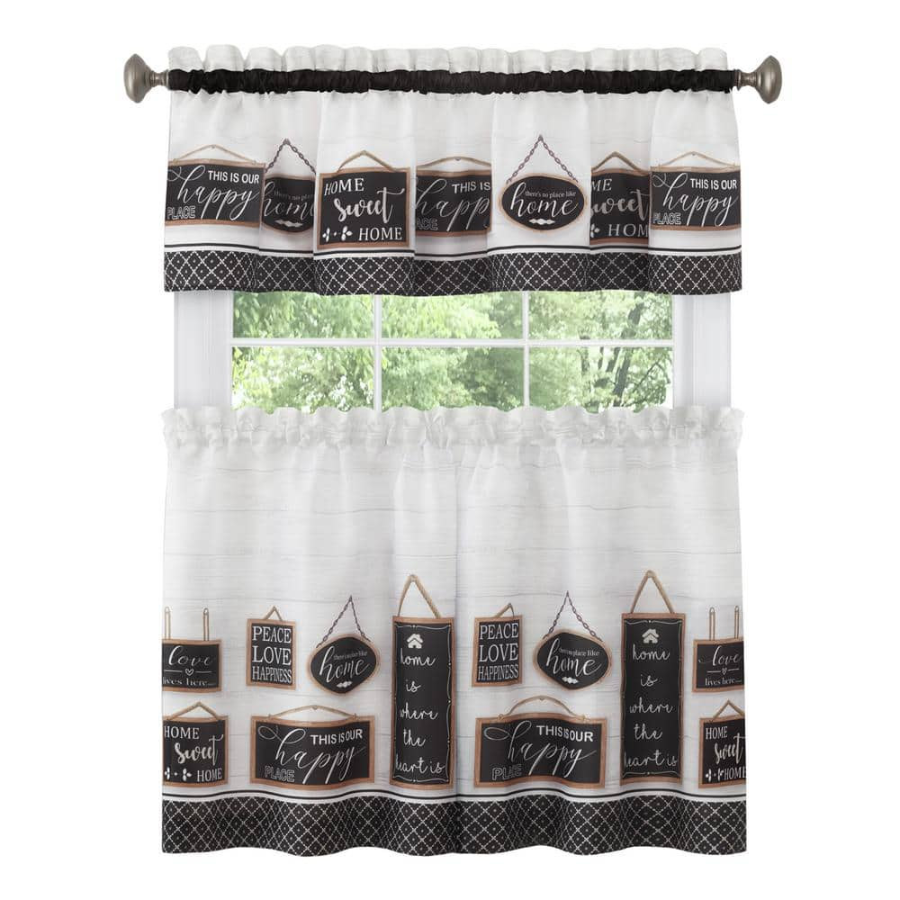 Modern Farmhouse Black Polyester Light Filtering Rod Pocket Tier and Valance Curtain Set 58 in. W x 36 in. L