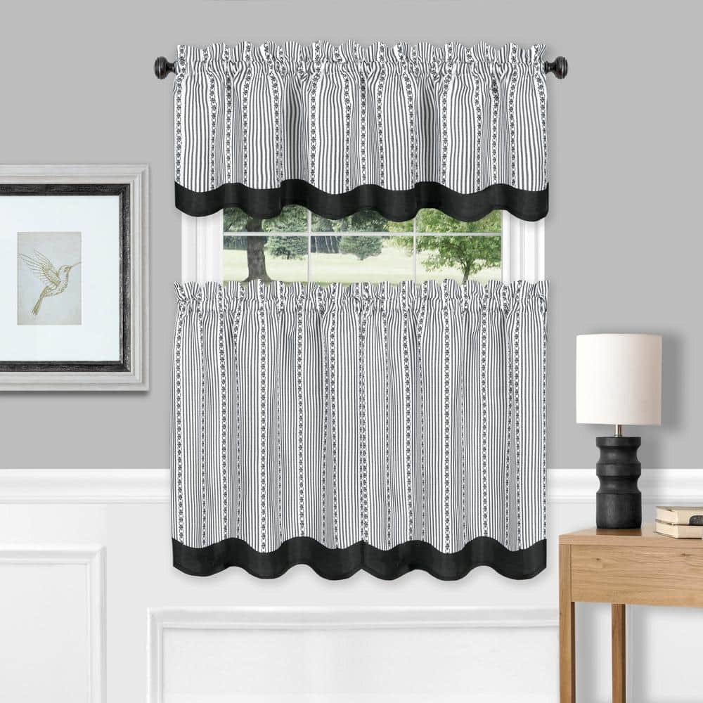 Westport Black/White Polyester Light Filtering Rod Pocket Tier and Valance Curtain Set 58 in. W x 24 in. L