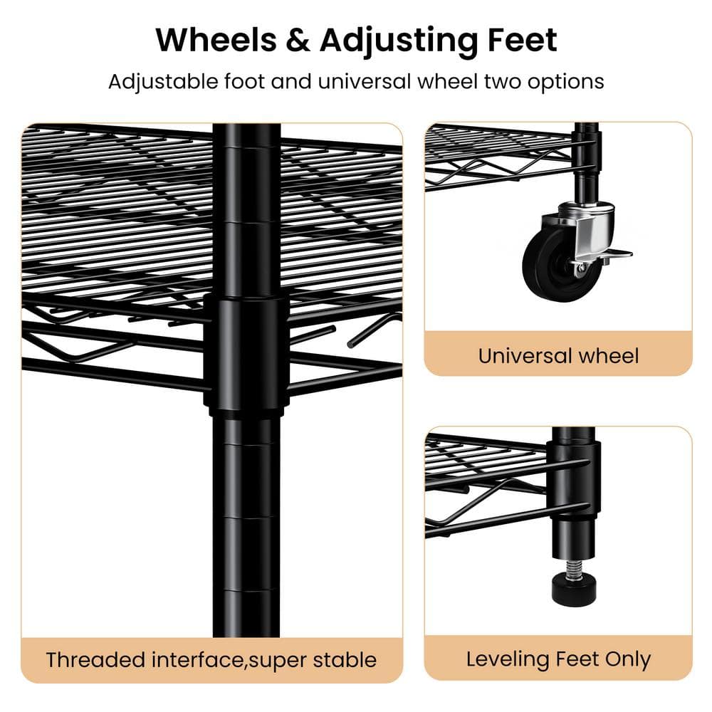 Heavy Duty 5-Shelf Black Adjustable Rack with Adjustable Feet and Mobile Wheels