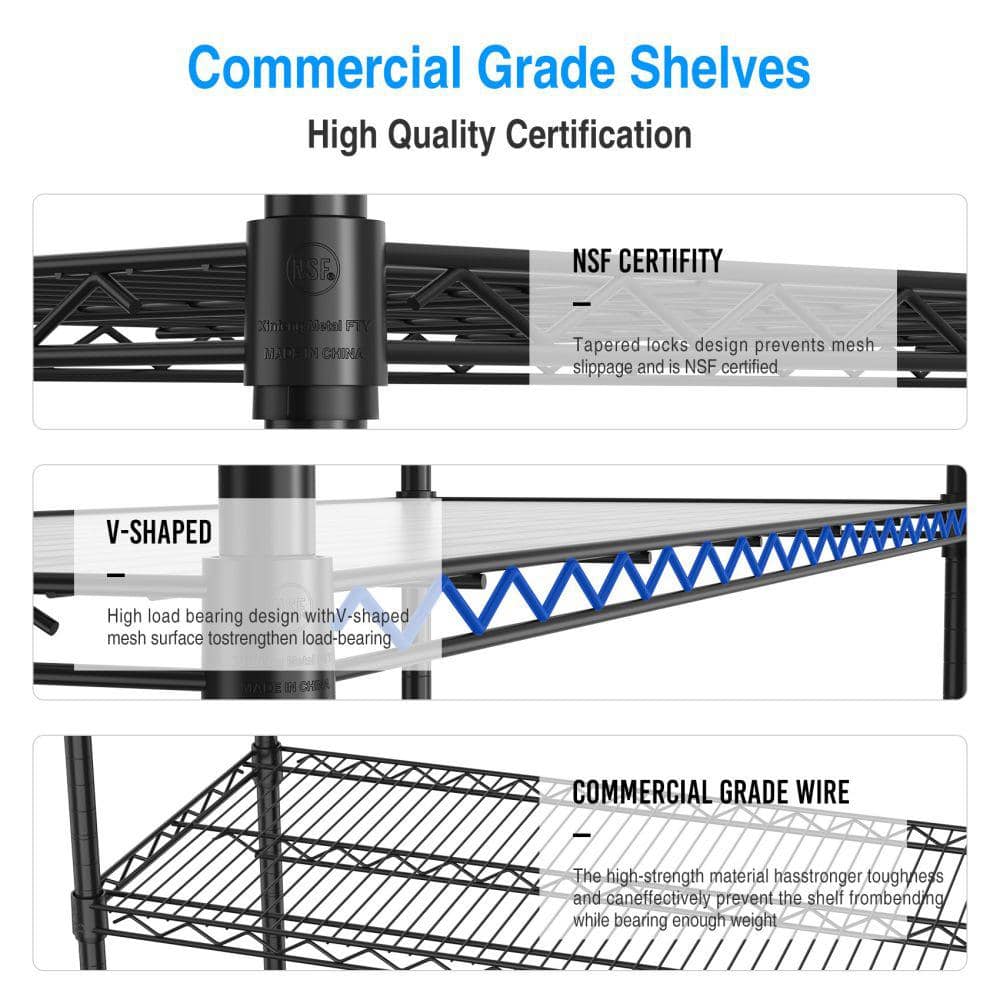 6-Tier Black Heavy Duty Storage Wire Rack with Wheels, 6000 lbs. NSF Height Adjustable Metal Garage Storage Rack