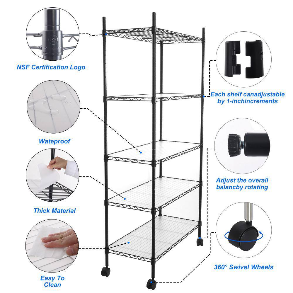 5-Tier Black Heavy Duty Storage Wire Rack with Wheels, NSF Height Adjustable Metal Garage Storage Rack