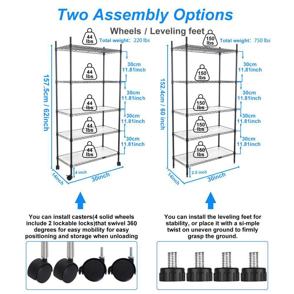 5-Tier Black Heavy Duty Storage Wire Rack with Wheels, NSF Height Adjustable Metal Garage Storage Rack