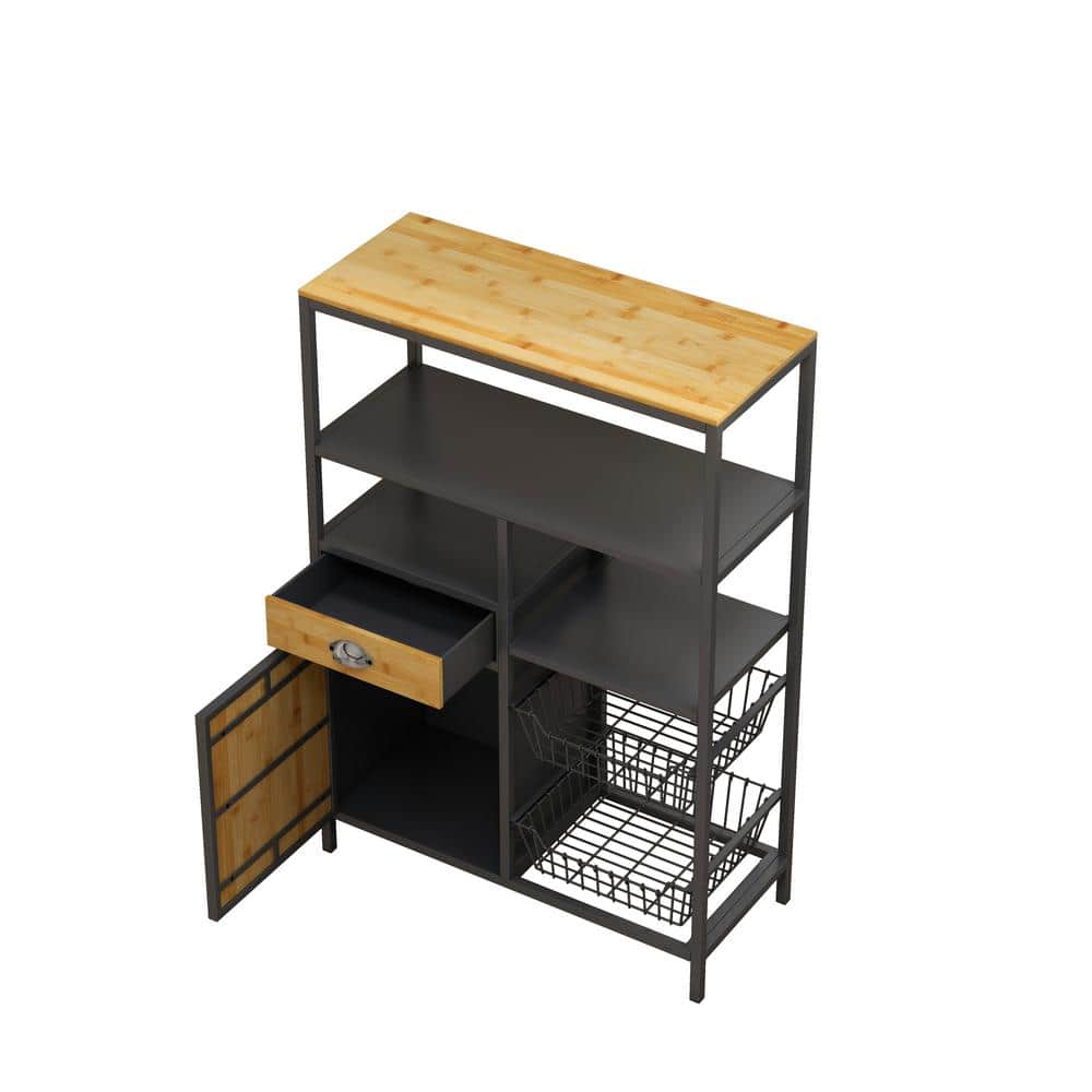 4-shelf Black and Brown Pantry Organizer with Drawer Cabinet and 2-Storage Baskets Multipurpose Storage Rack