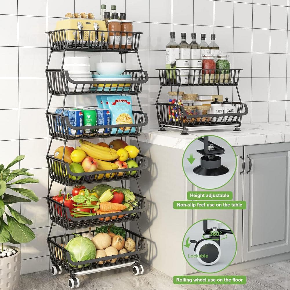 6-Shelf Steel Black Pantry Organizer Storage for Fruit & Vegetable with Wheels Kitchen Pantry