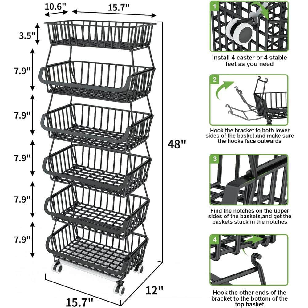 6-Shelf Steel Black Pantry Organizer Storage for Fruit & Vegetable with Wheels Kitchen Pantry