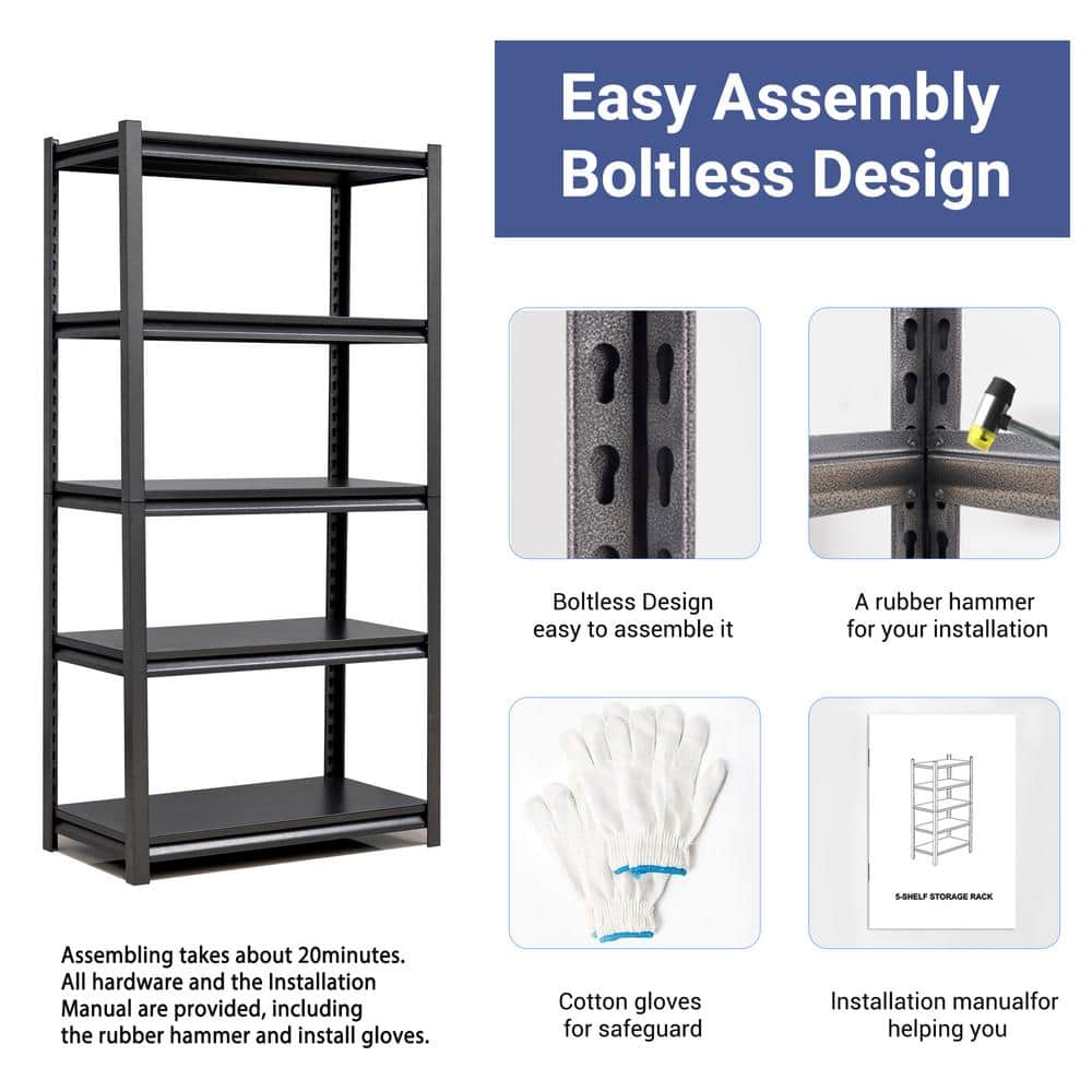 5-Shelf Black/Gray Adjustable Heavy Duty Metal Shelving/Kitchen Pantry