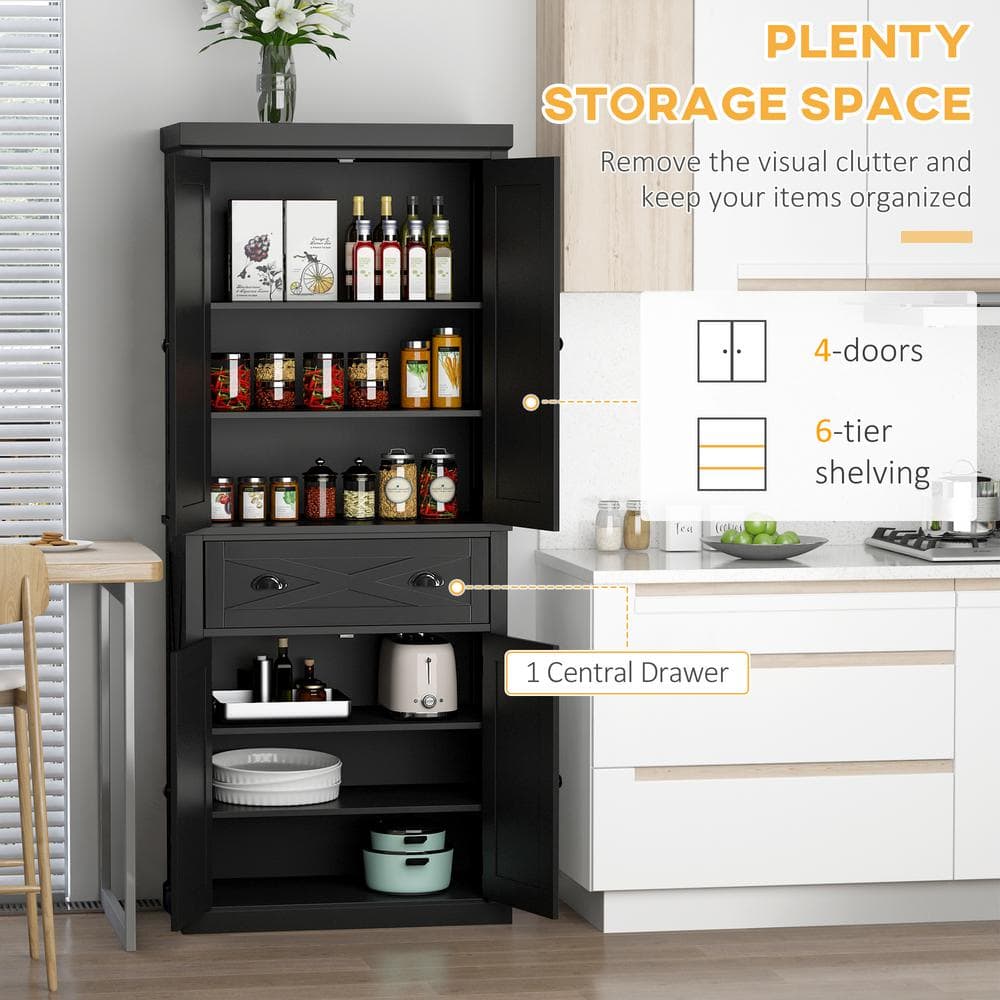 6-Shelf Black Wood Pantry Organizer with Drawer and Adjustable Shelves