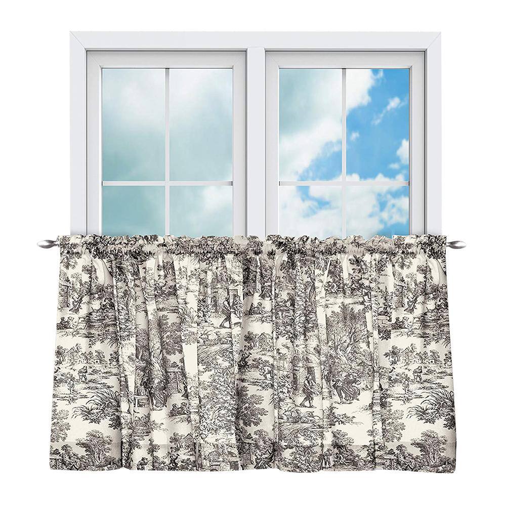 Black Toile Rod Pocket Room Darkening Curtain – 34 in. W x 24 in. L (Set of 2)