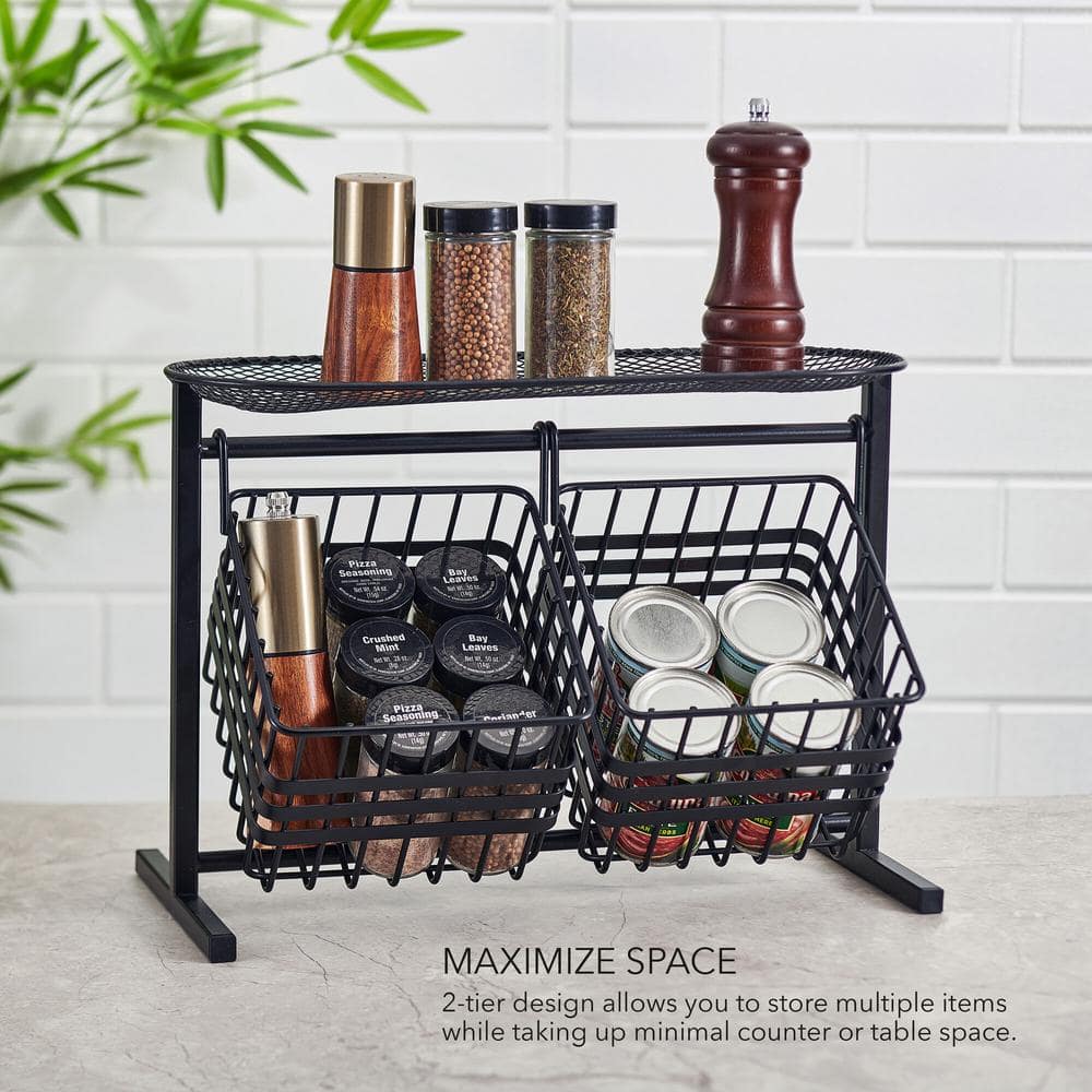 Gourmet Basics Wrapped Band Black Metal 2-Tier Horizontal Basket