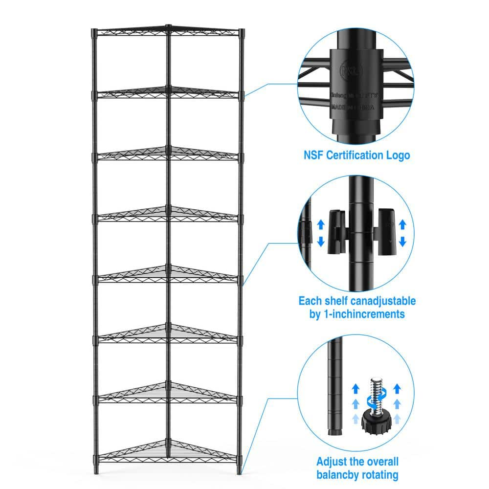 8 Layers Triangles Metal Shelf for Storing Kitchen, Bathroom Items, 20 in. L x 20 in. W x 82 in. H-Black