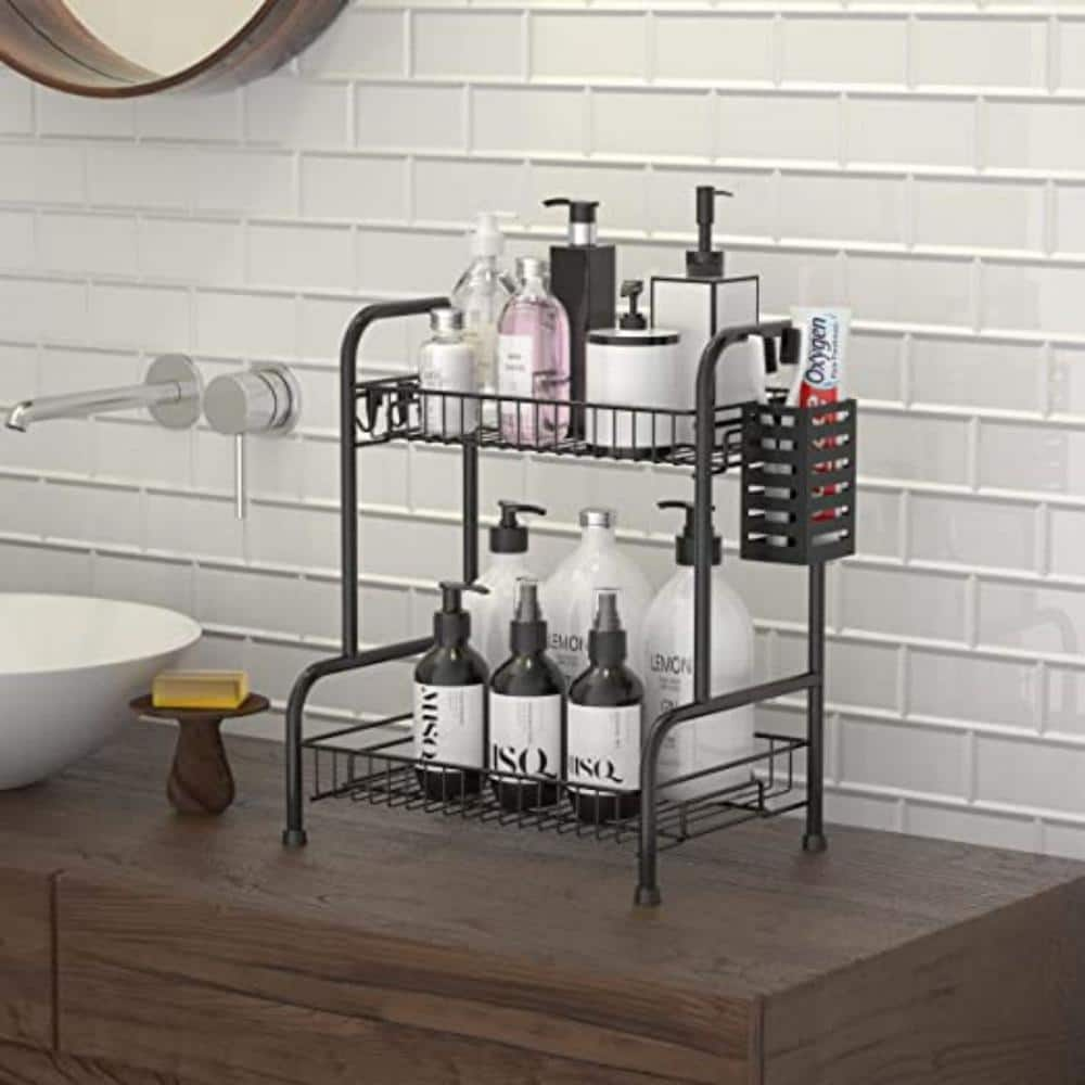 Bathroom Counter Organizer Rack With Toiletries Basket, 2-Tier Stainless Steel Toothpaste Holder