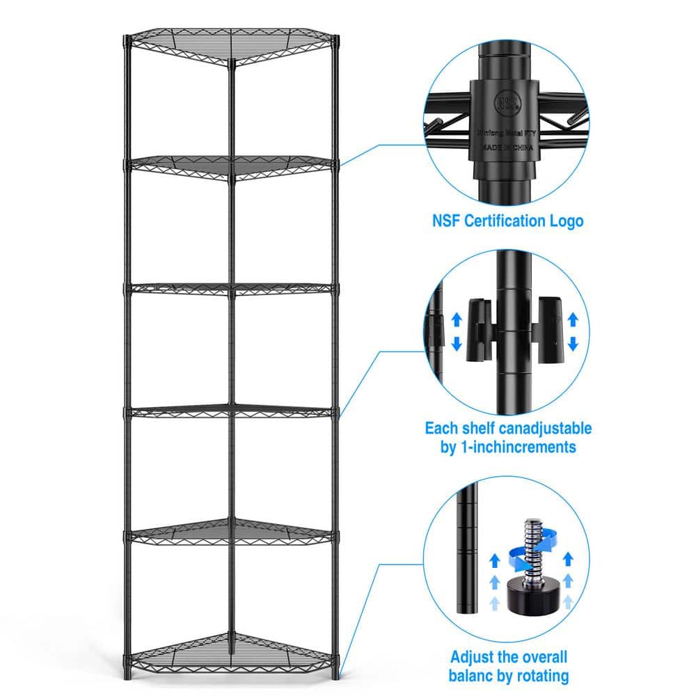 Black 6-Tier Metal Corners Pantry Organizer, Adjustable Metal Storage Shelves