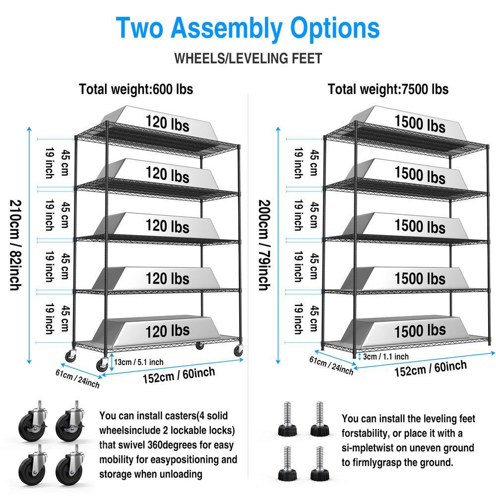 60.00 in. W Black 5-Tier Metal Pantry Organizer, Adjustable Metal Storage Shelves