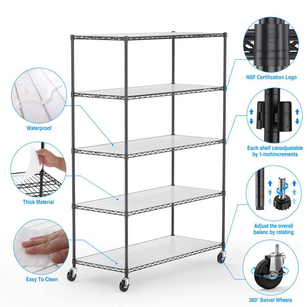 48.00 in. W Black 5-Tier Metal Pantry Organizer, Adjustable Metal Storage Shelves with Wheels