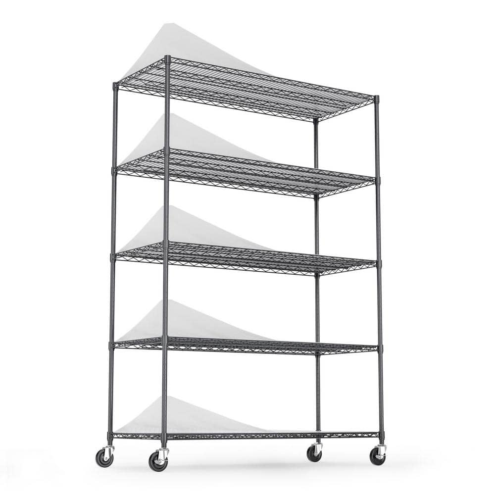 48.00 in. W Black 5-Tier Metal Pantry Organizer, Adjustable Metal Storage Shelves with Wheels