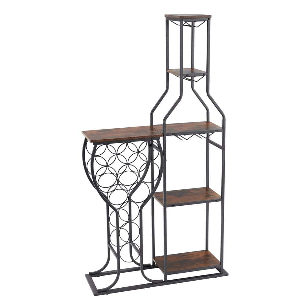 Brown 5-Tier Wood Pantry Organizer with Hanging Wine Glass Holder and Storage Shelves