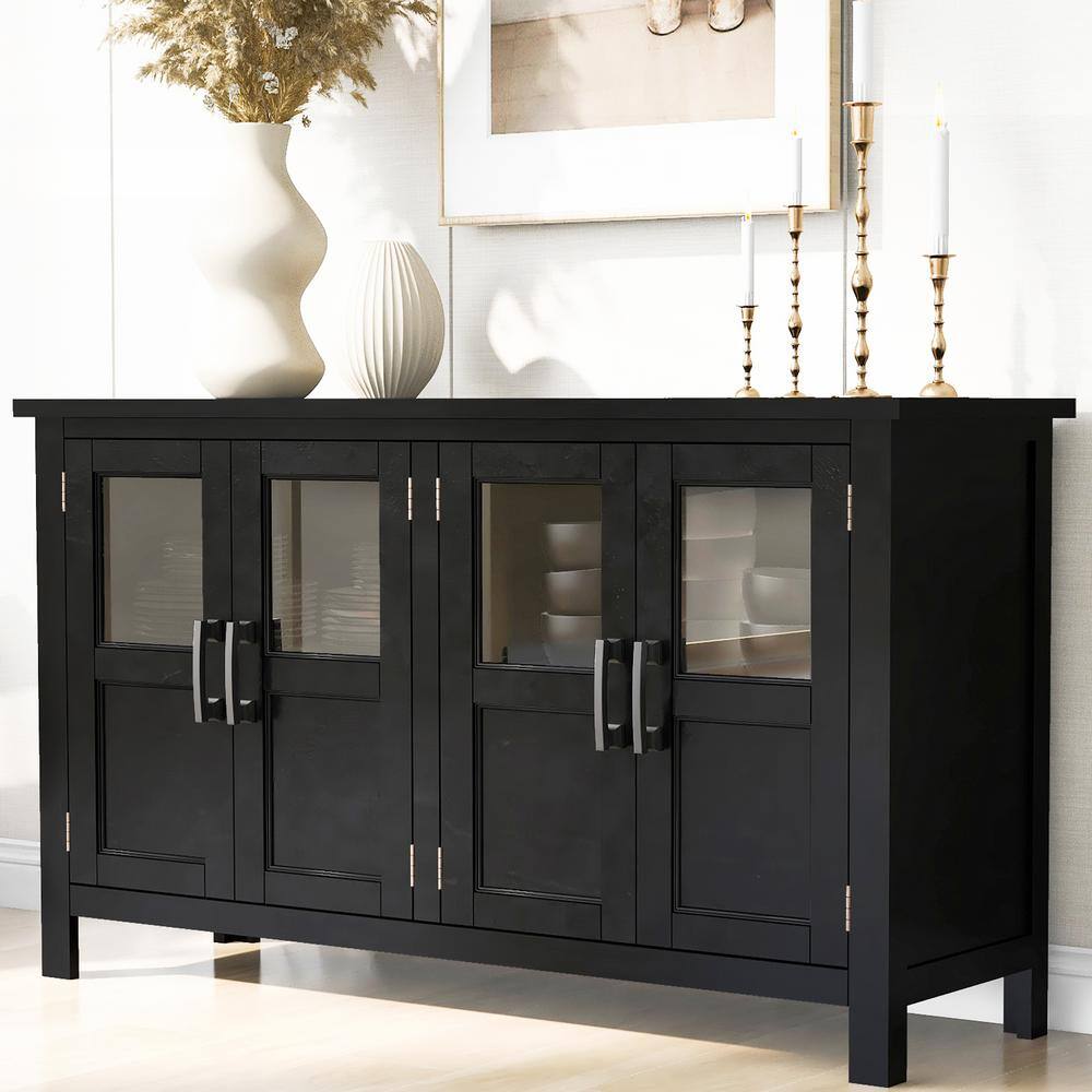 Black Wood Pantry Organizer Storage Cabinet with 4-Door, Adjustable Shelf and Metal Handles