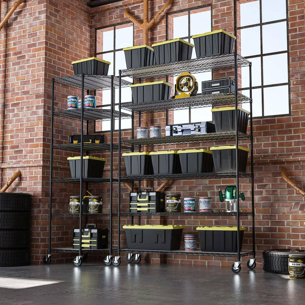 Black 6-Shelf Metal Pantry Organizer with Wheels