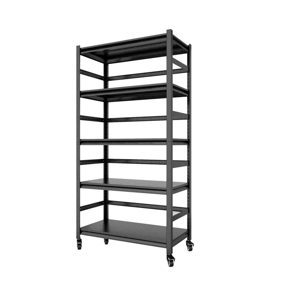 Black 5-Shelf Metal Pantry Organizer with Wheels, Height Adjustable