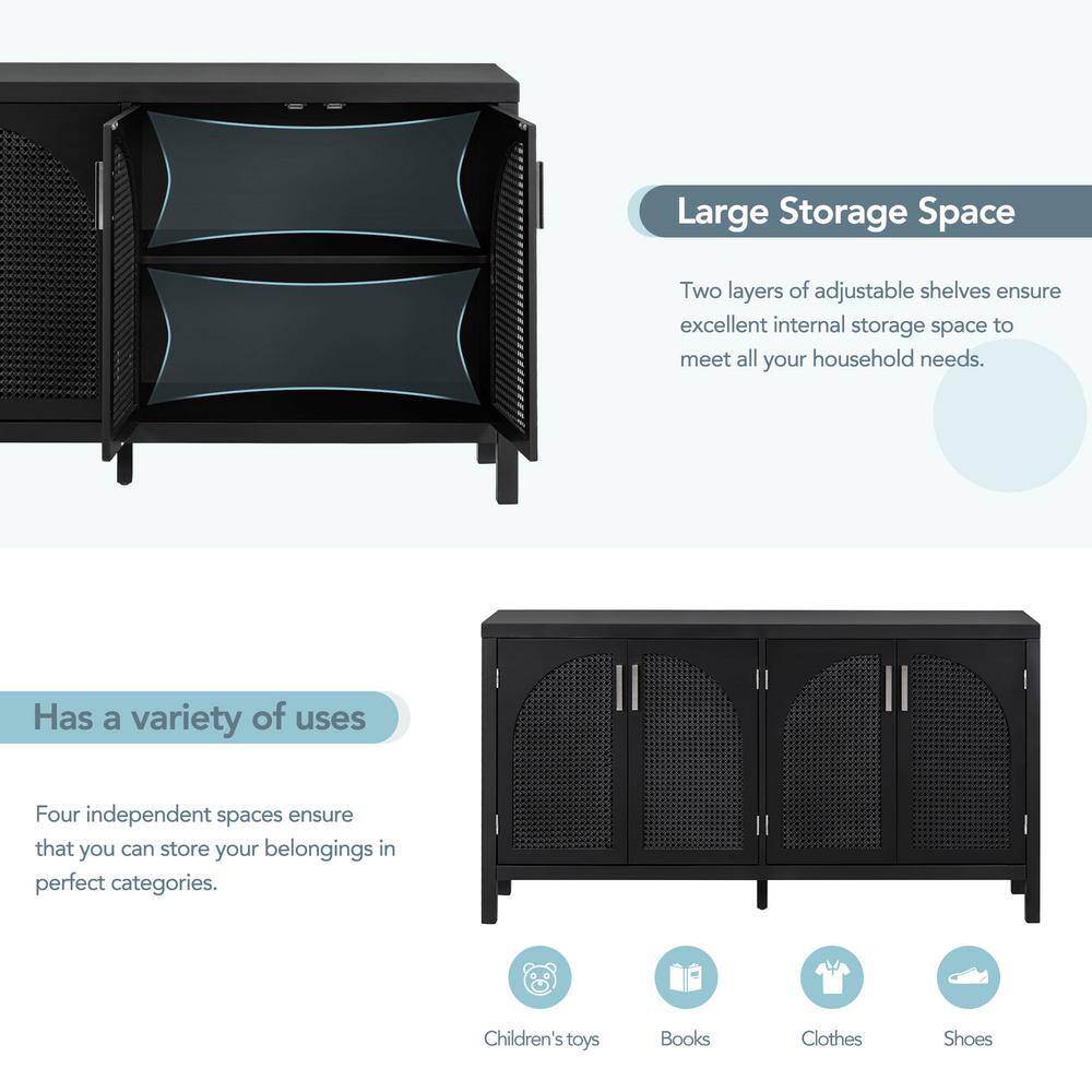 2-Shelf Black Wood Pantry Organizer with Artificial Rattan Door and Metal Handles for Kitchen and Living Room