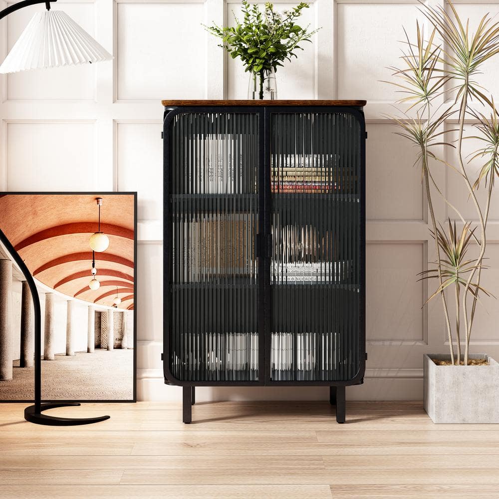 Black Modern Glass Doors Metal Pantry Organizer with Featuring 3-tier Storage, Unique Fir Cabinet Top