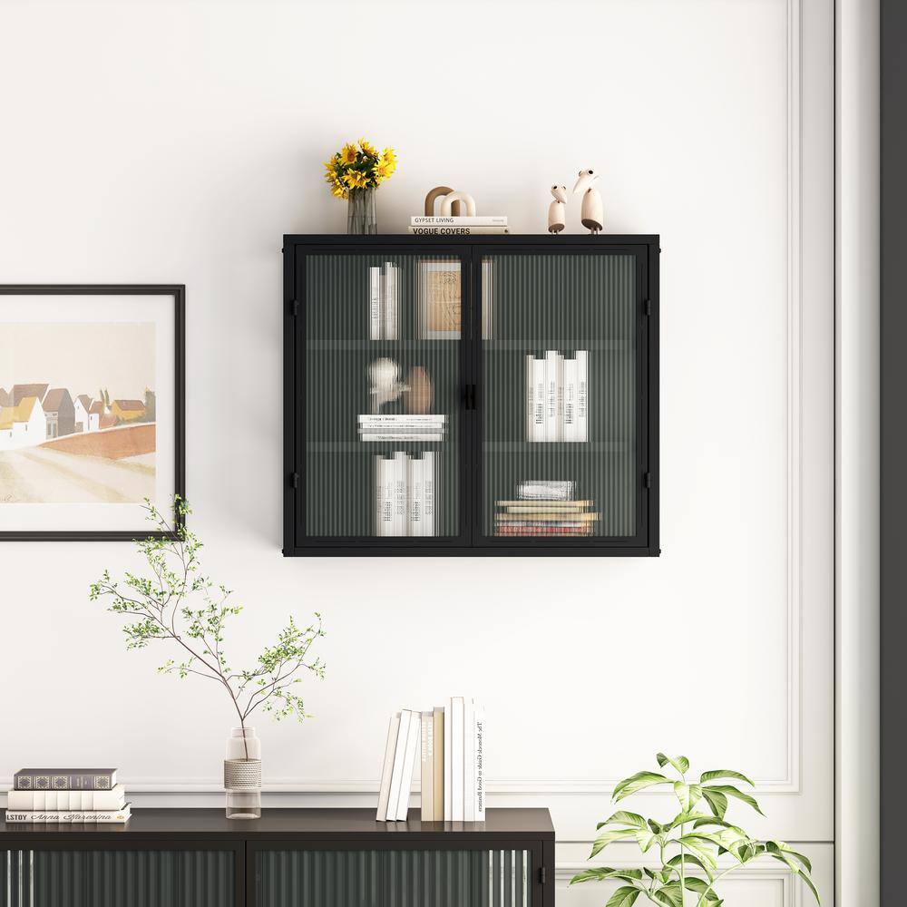 3-Shelf Metal Pantry Organizer with Two Glass Doors in Matte Black