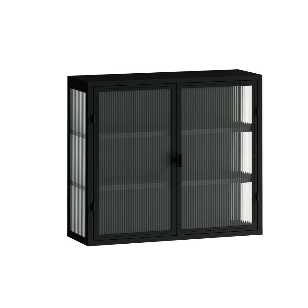 3-Shelf Metal Pantry Organizer with Two Glass Doors in Matte Black