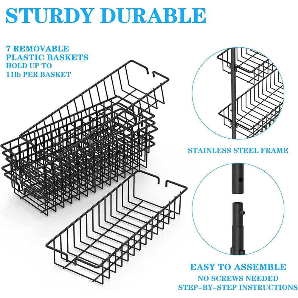 Over the Door 7-Tier Pantry Organizer Rack Spice Rack with Baskets Black