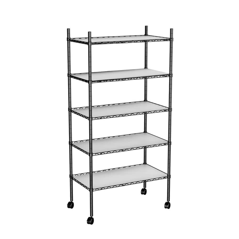 5 Tier Black Metal 14 in. L x 30 in. W x 60 in. H Large Adjustable Kitchen Storage Shelf with Rollers