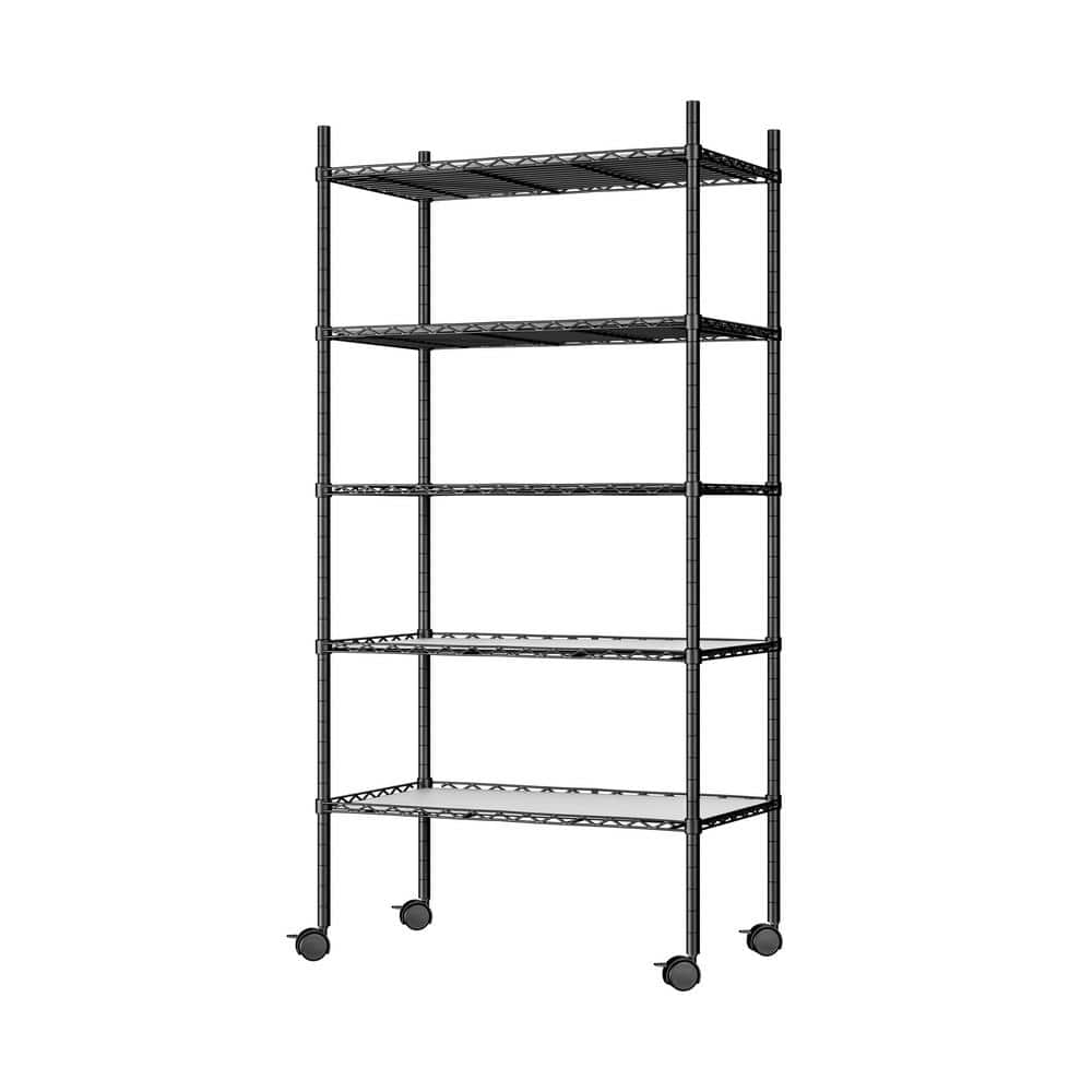 5 Tier Black Metal 14 in. L x 30 in. W x 60 in. H Large Adjustable Kitchen Storage Shelf with Rollers