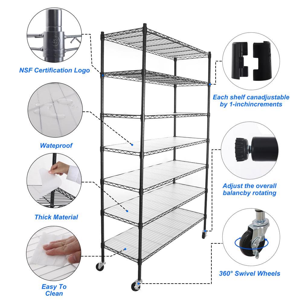 7-Layer Metal Black Kitchen Organizers Storage Rack with Wheels, Adjustable Height, Suitable for Kitchen, Living room