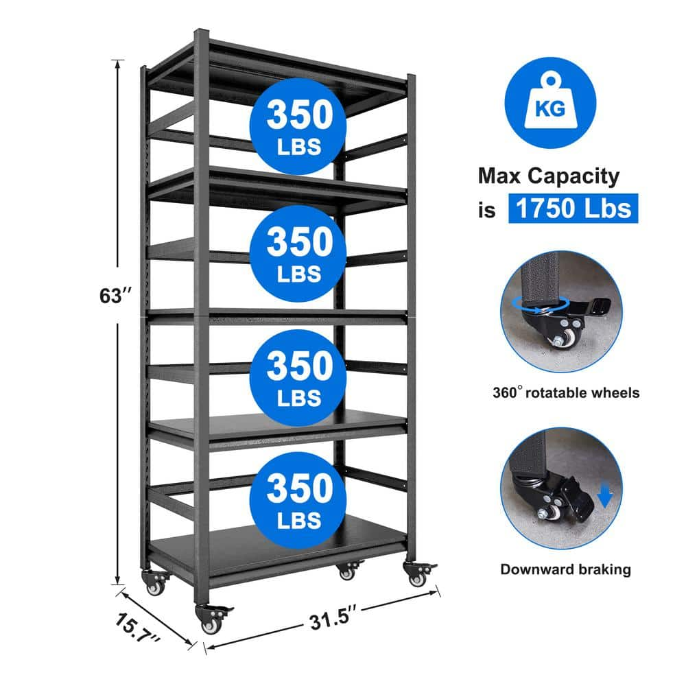 Black 63 in. H 5-Tier Heavy-Duty Metal Pantry Organizer with Adjustable Shelves and Swivel Wheels