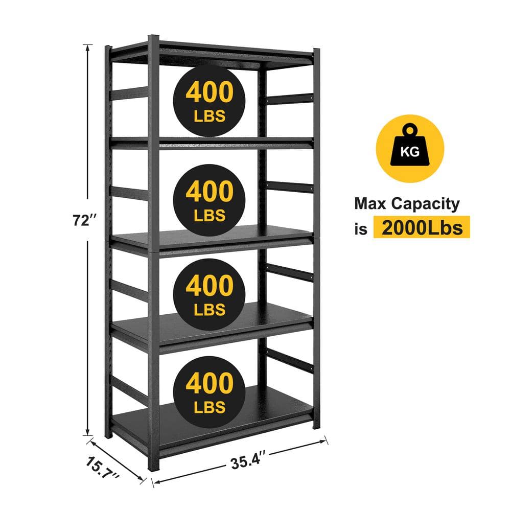 Black 72 in. H 5-Tier Heavy-Duty Metal Pantry Organizer with Adjustable Shelves