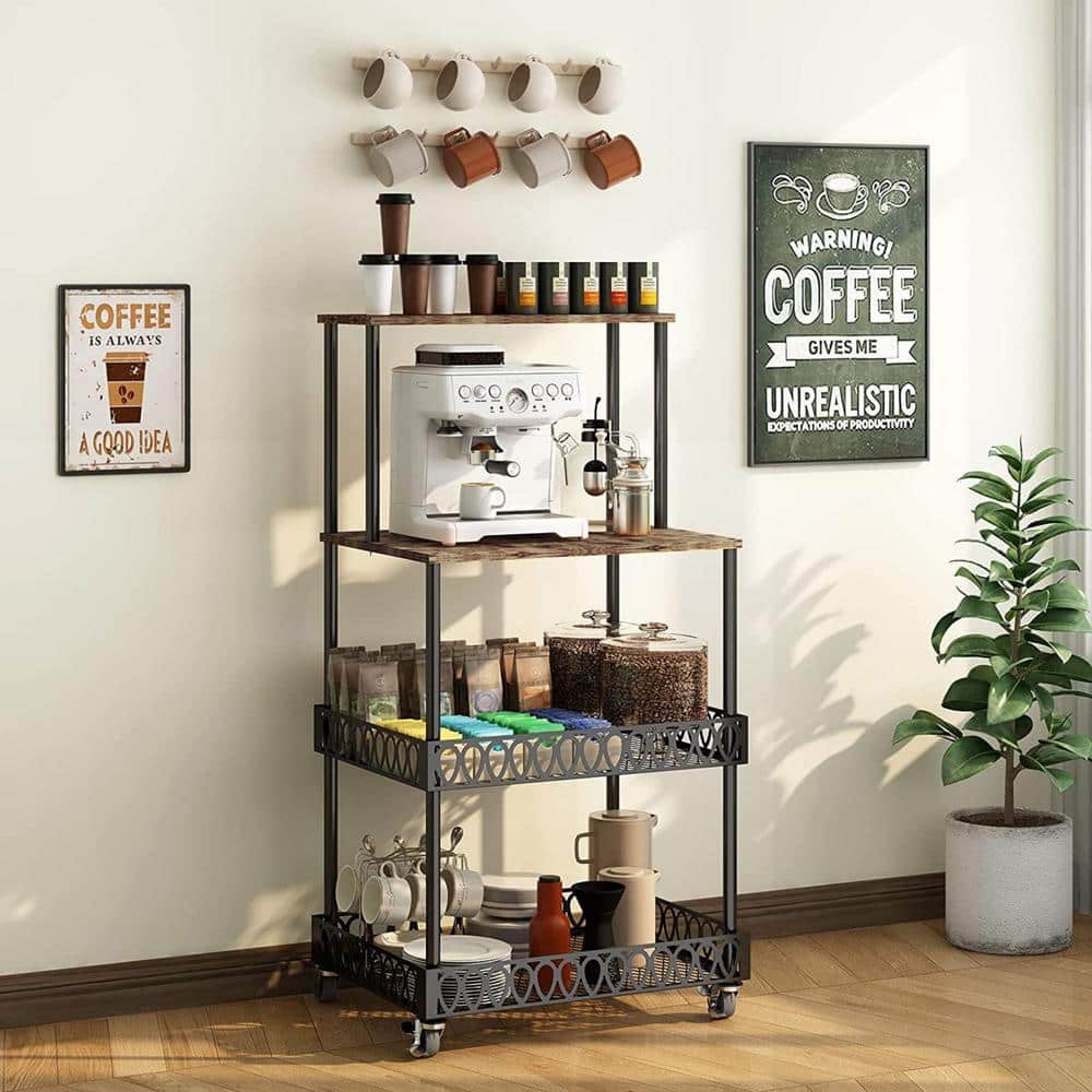 Heavy Duty Freestanding Kitchen 4-Shelf Metal Black Pantry Organizer with Bottom Wheels and Locks for Easy Mobility