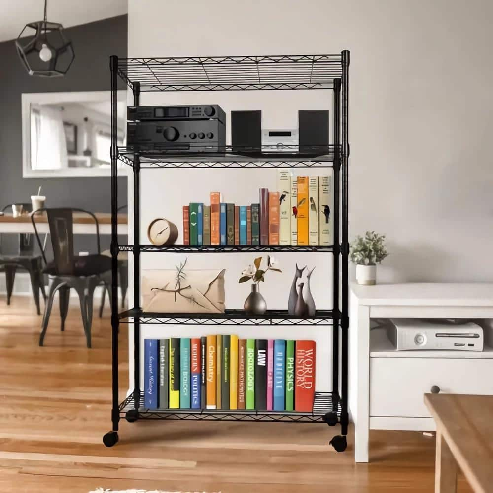 5-Shelf Black Corner Wire Shelf Rack Adjustable Metal Free Standing Corner Storage Display Rack for Kitchen