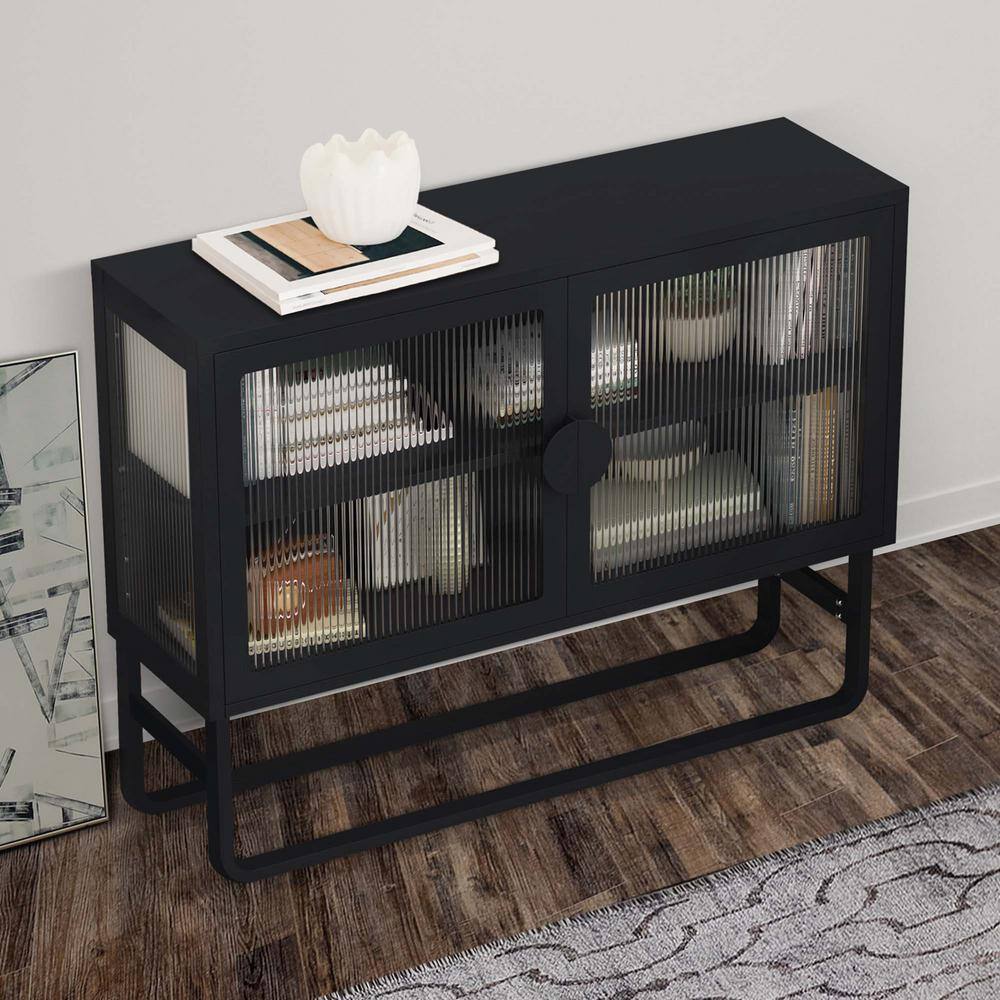 Tempered Glass Cabinet Credenza with 2 Fluted Glass Doors Adjustable Shelf U-Shaped Leg Anti-Tip for Kitchen in Black