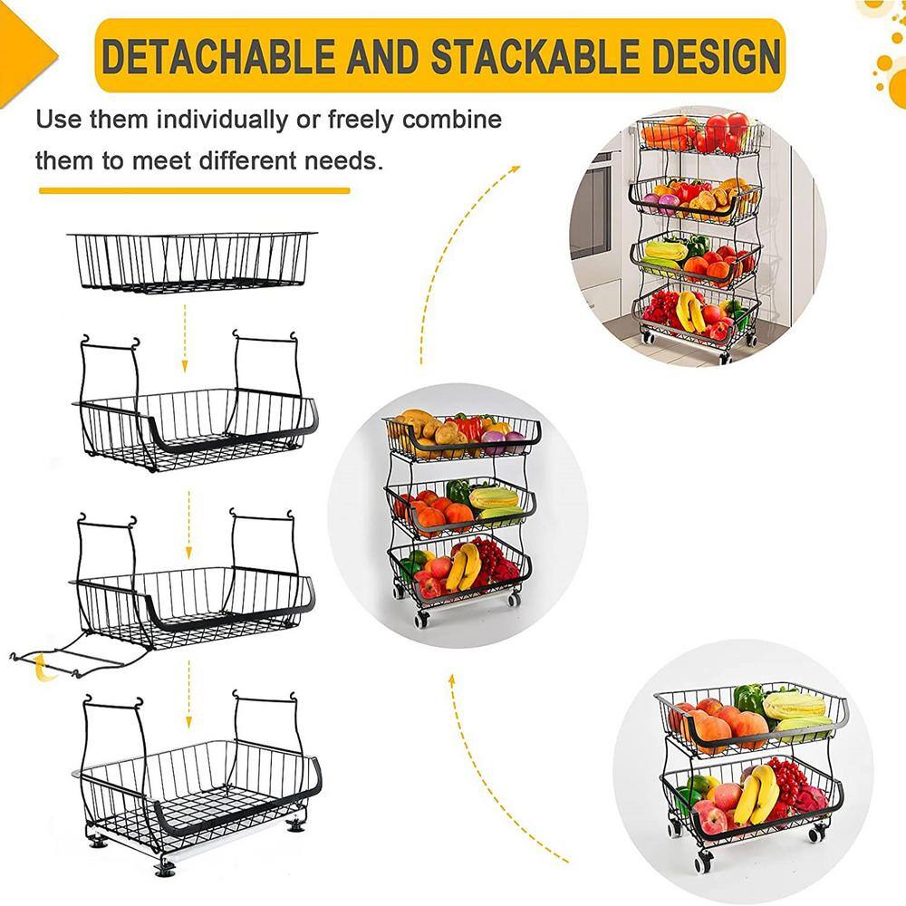 4-Tiers Black Stackable Metal Iron Wire Kitchen Baskets Cart with Rolling Wheels