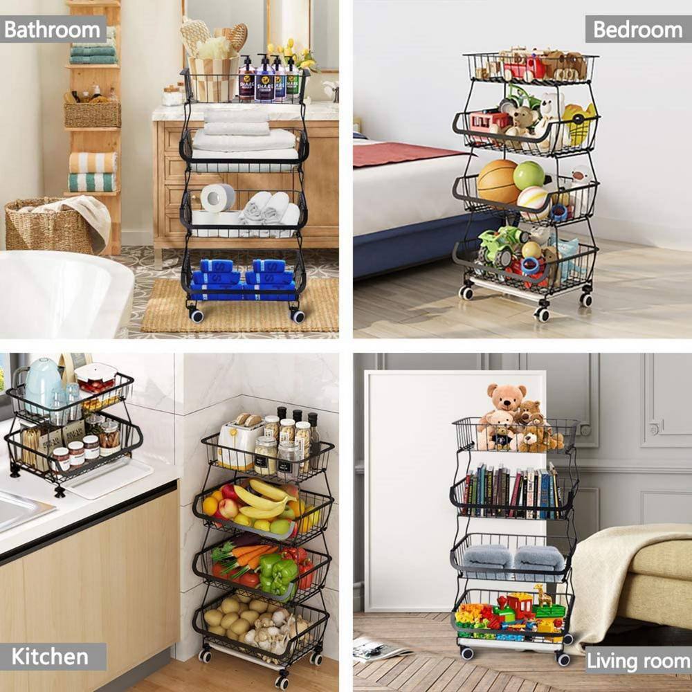 4-Tiers Black Stackable Metal Iron Wire Kitchen Baskets Cart with Rolling Wheels