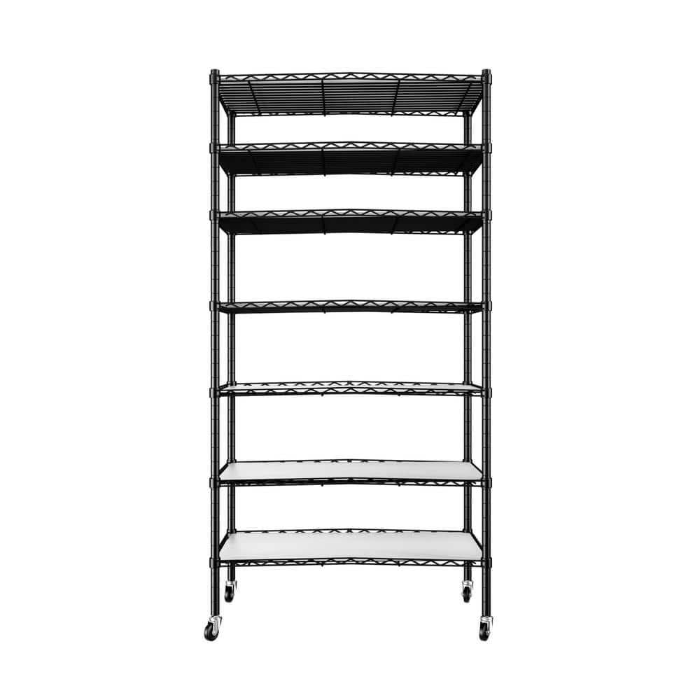 7 -Tier Black 18 in. L x 48 in. W x 82 in. H Adjustable NSF Metal Freestanding Storage Shelf with Wheels for Kitchen