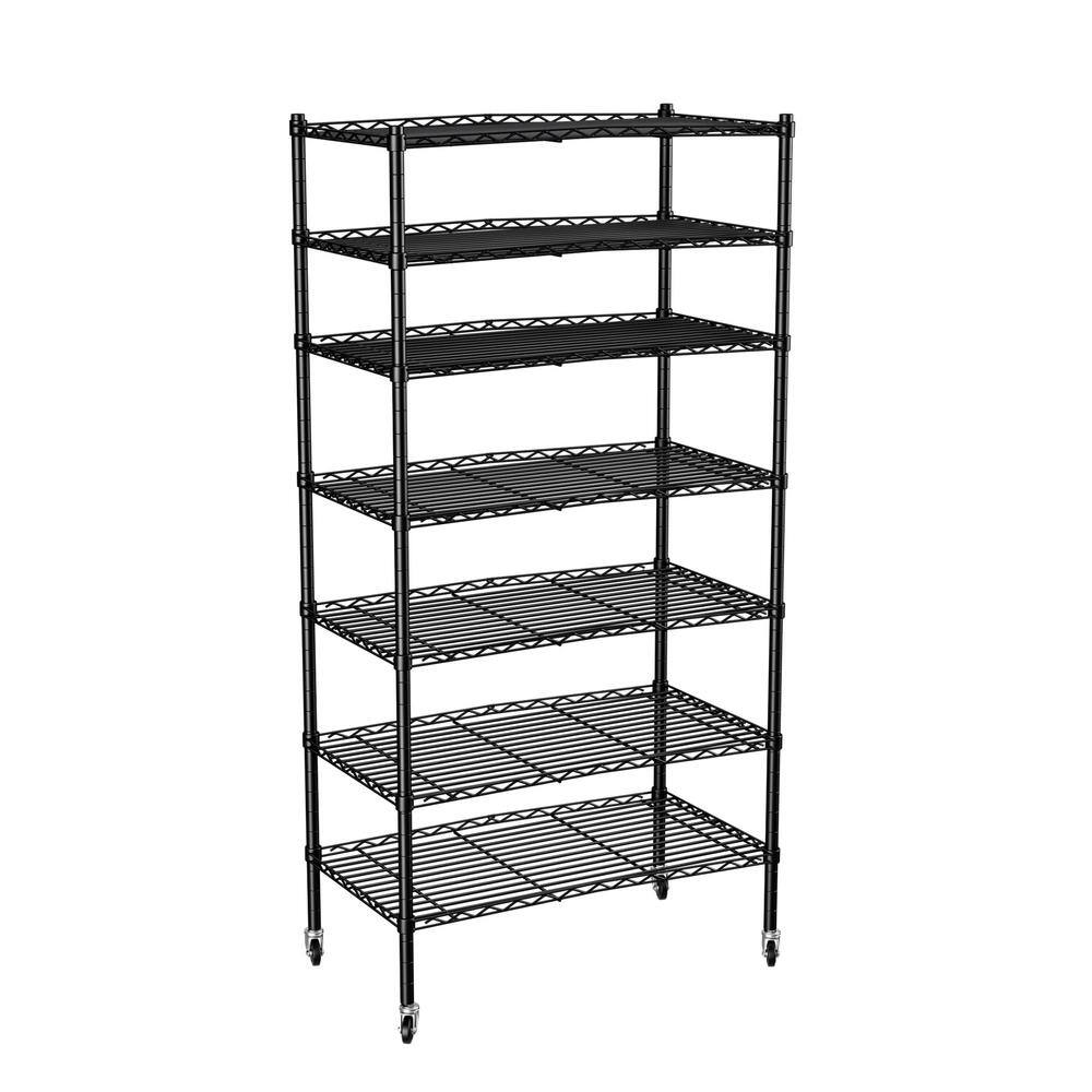 7 -Tier Black 18 in. L x 48 in. W x 82 in. H Adjustable NSF Metal Freestanding Storage Shelf with Wheels for Kitchen