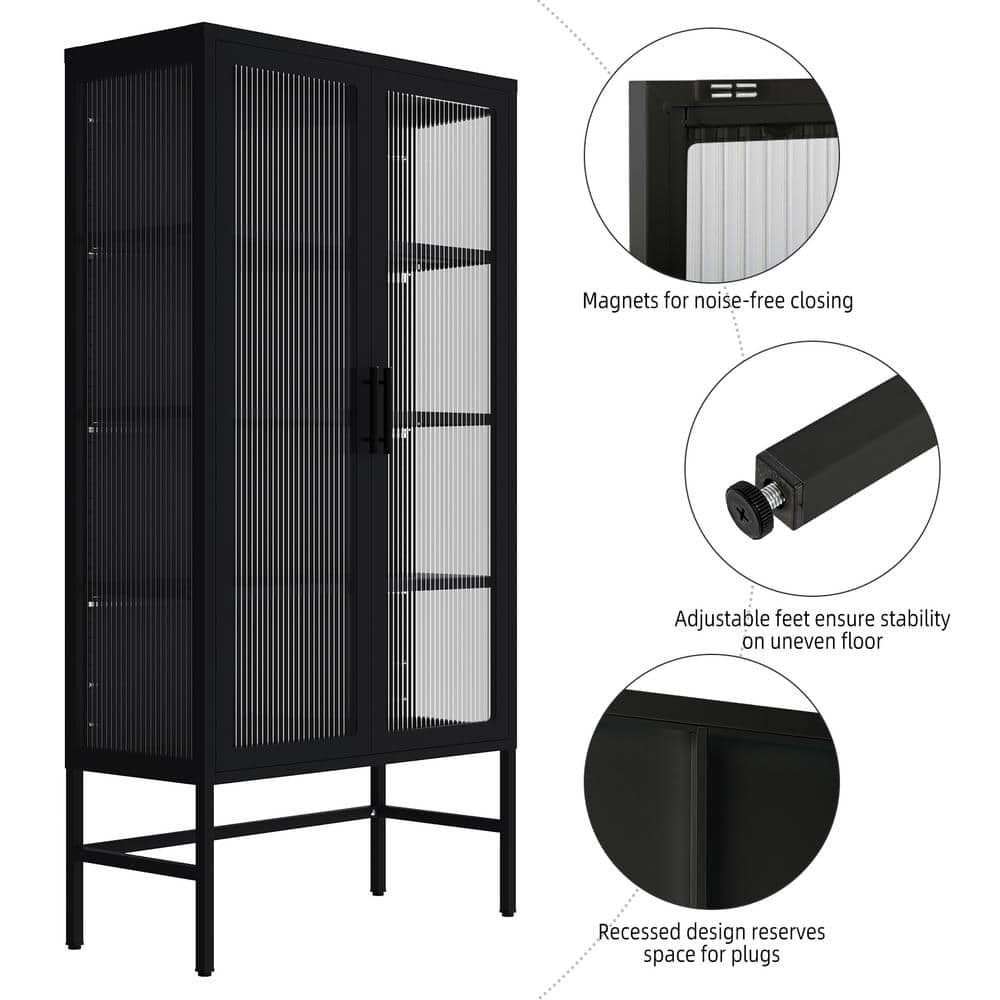 Modern Double Glass Door Display Case Black 3-Shelf Metal Pantry Organizer Storage Cabinet Sideboard Buffet Cabinet