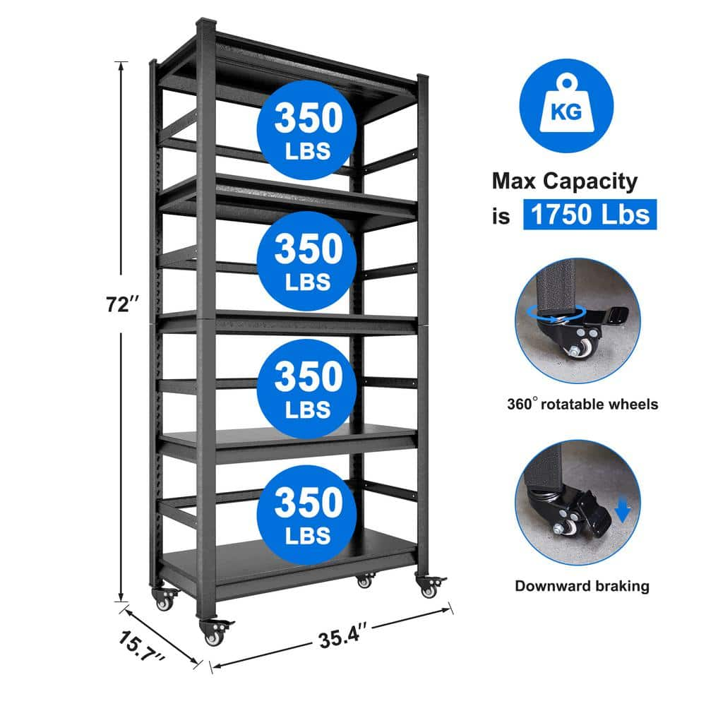 Black Heavy Duty Storage Shelves Adjustable 5-Tier Metal Shelving Unit with Wheels for 1750 lbs. Load Kitchen, Pantry