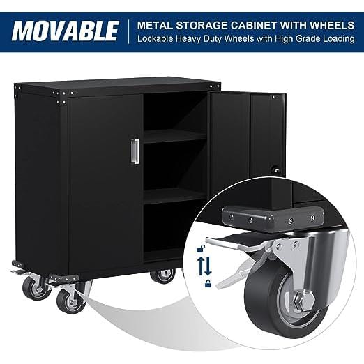 Black 2-Door Tool Cabinets for Garage, Lockable Garage Storage Cabinet, Locking Metal Storage Cabinet with Wheels,