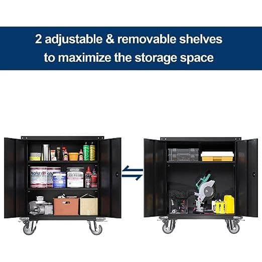 Black 2-Door Tool Cabinets for Garage, Lockable Garage Storage Cabinet, Locking Metal Storage Cabinet with Wheels,