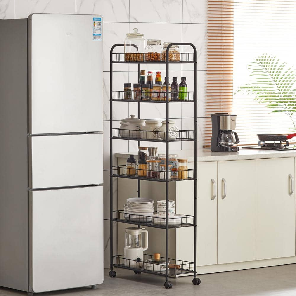 6-Tier Storage Cart, Metal Wire Storage Shelving Rack with Baskets for Kitchen Bathroom in Black