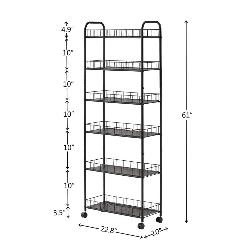 6-Tier Storage Cart, Metal Wire Storage Shelving Rack with Baskets for Kitchen Bathroom in Black