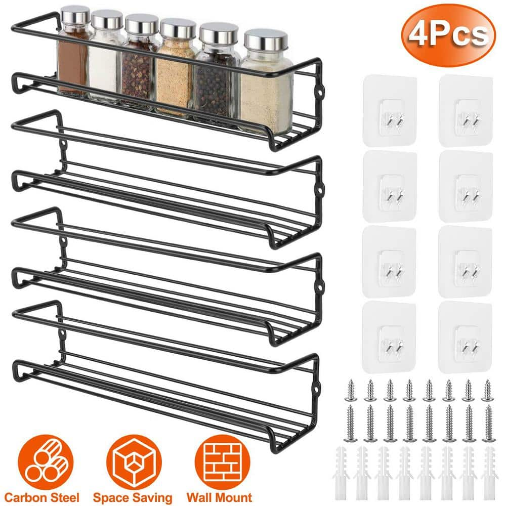 4 -Pieces Wall Mount Spice Racks Seasoning Herb Jar Holder Organizer Kitchen Pantry Door Storage Shelf