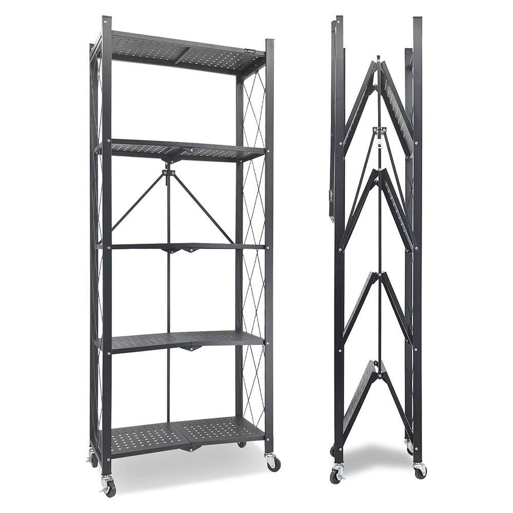 5-Tier Black Foldable Metal Rack Storage Shelving Unit, Kitchen Shelf with 3-Hooks