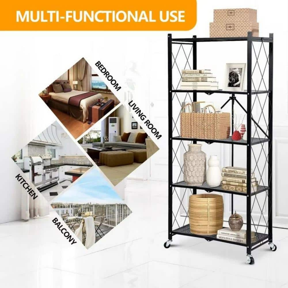 5-Tier Black Foldable Metal Rack Storage Shelving Unit, Kitchen Shelf with 3-Hooks